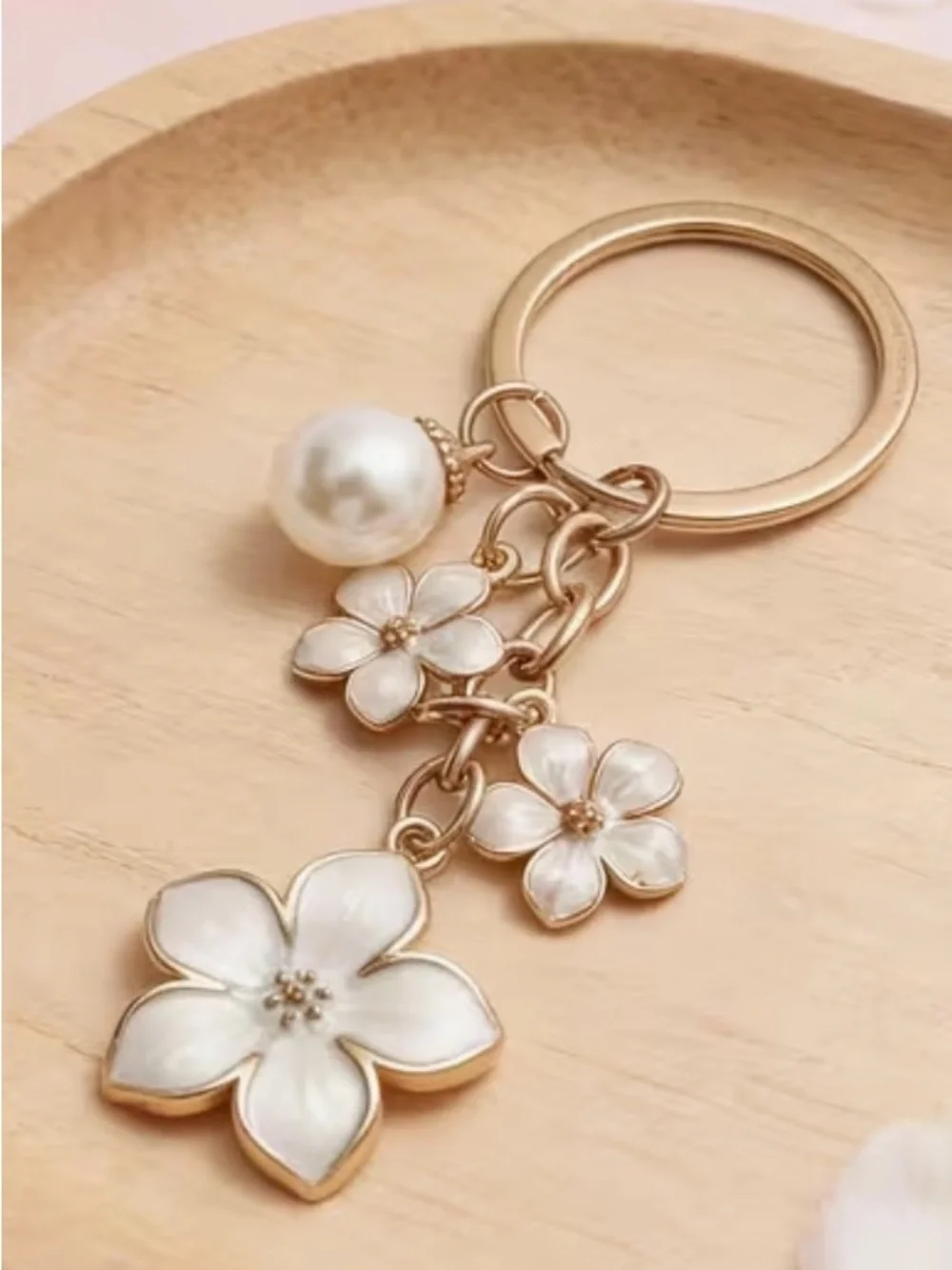 Gold Tone Floral Keychain with Pearl Charm